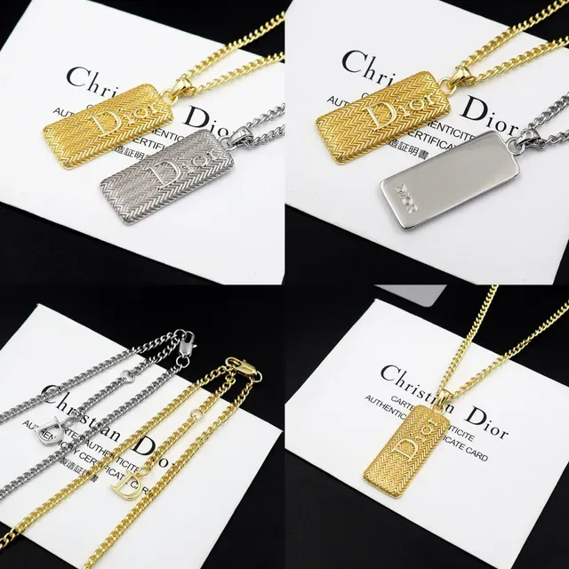 Dior Gold Curb Chain Rectangular Textured Pendant Necklace 5