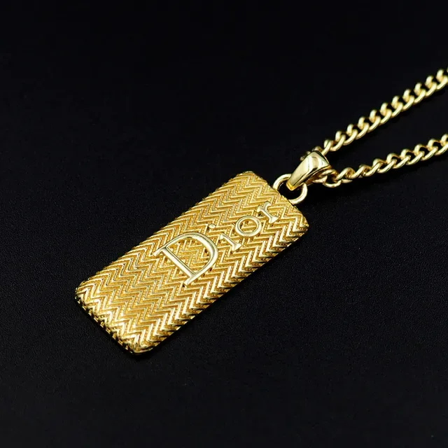 Dior Gold Curb Chain Rectangular Textured Pendant Necklace 7