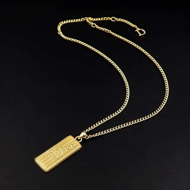 Dior Gold Curb Chain Rectangular Textured Pendant Necklace 9
