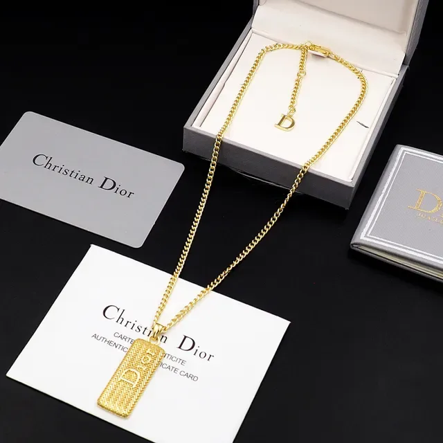 Dior Gold Curb Chain Rectangular Textured Pendant Necklace 11