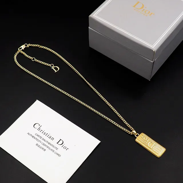 Dior Gold Curb Chain Rectangular Textured Pendant Necklace 12