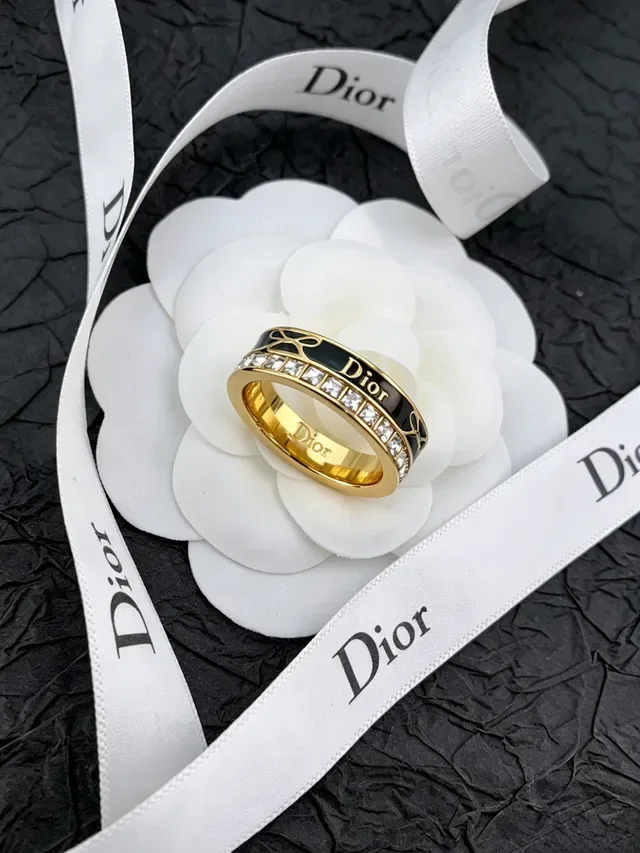 Dior Gold-Tone Black Enamel and Crystal Bow Motif Ring 5