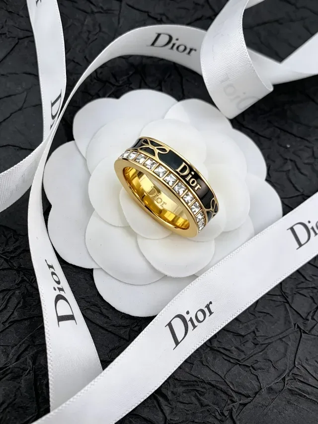 Dior Gold-Tone Black Enamel and Crystal Bow Motif Ring 6