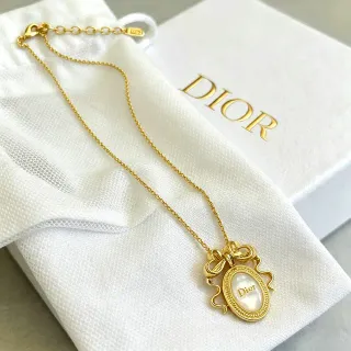 Dior Gold-Tone Bow Motif Oval Mother-of-Pearl Pendant Necklace