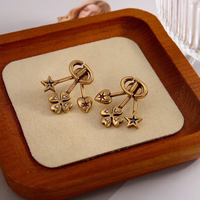 Dior Gold-Tone Star Heart Clover Charm Earrings 5