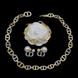 Dior Collier Camellia Motif Chaîne CD-Link Or Blanc