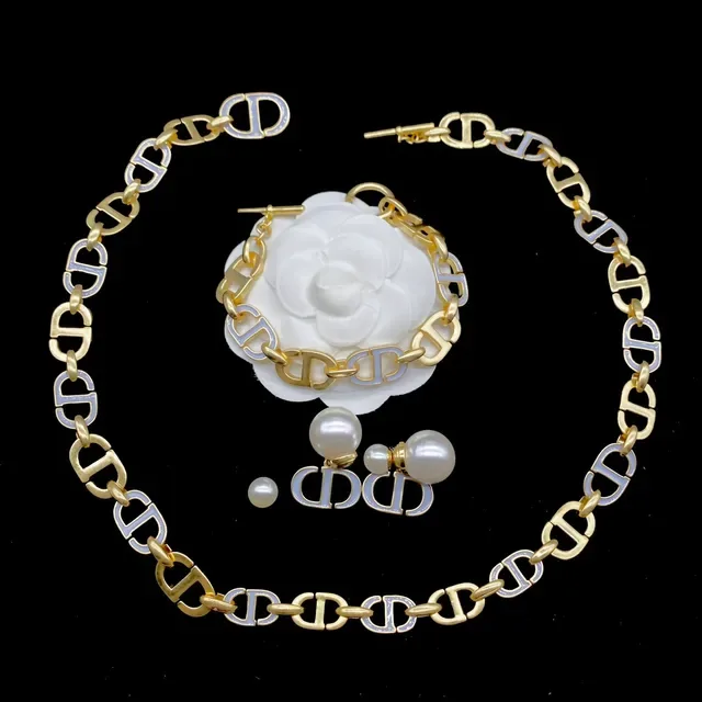 Dior Collier Camellia Motif Chaîne CD-Link Or Blanc 6