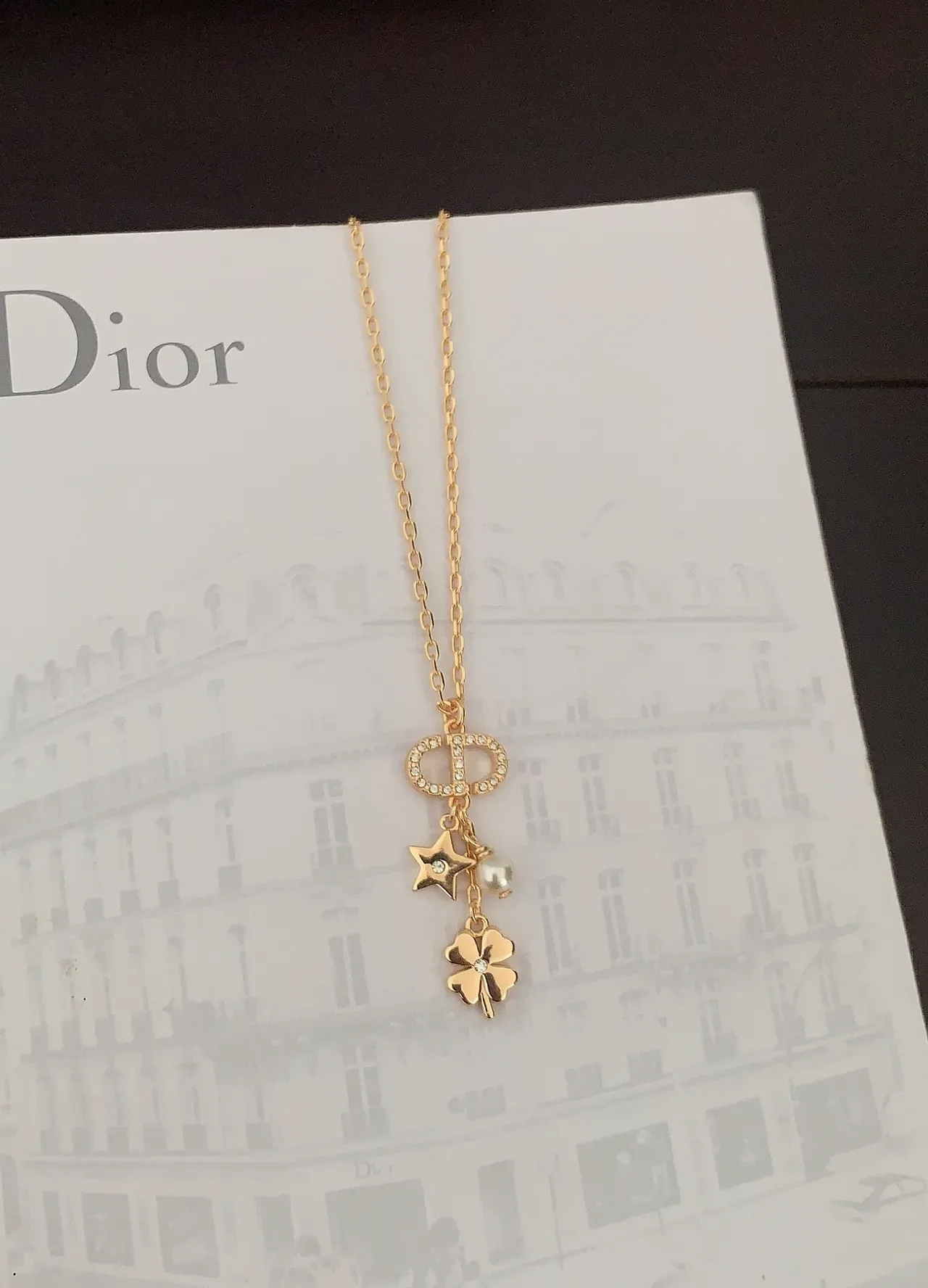 Colar Corrente de Ouro Branco Encrustado com Cristais Motivo D de Dior 3