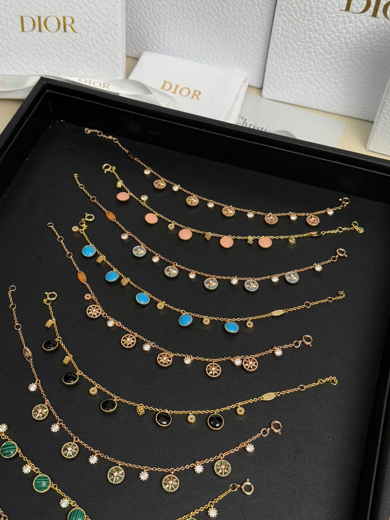 Dior Gold White Chain Dangling Compass-Star Charms Bracelet 3