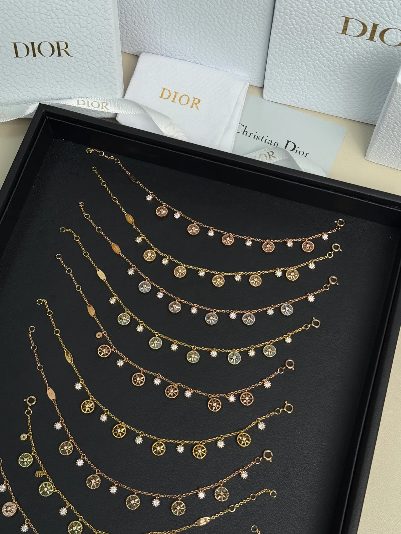 Dior Gold White Chain Dangling Compass-Star Charms Bracelet 9