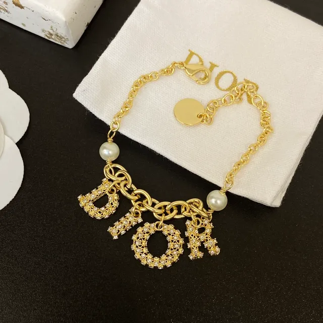 Dior Gold White Chain Pavé Crystal Letter Charms Necklace 3