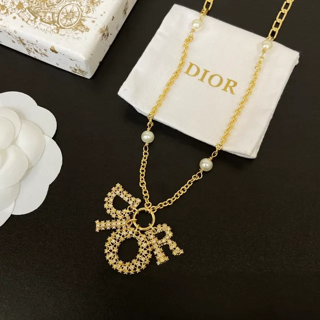 Dior Gold White Chain Pavé Crystal Letter Charms Necklace 4