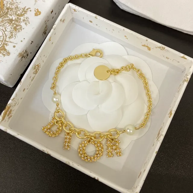 Dior Gold White Chain Pavé Crystal Letter Charms Necklace 6