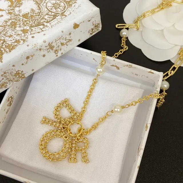 Dior Gold White Chain Pavé Crystal Letter Charms Necklace 7