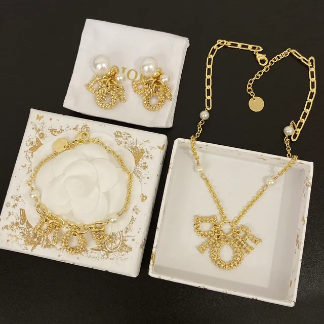 Dior Gold White Chain Pavé Crystal Letter Charms Necklace 8