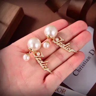 Dior Gold White Lightning-Bolt Motif Cultured Pearl Accents Earrings