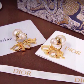 Dior Gold White Metal Double-Pearl Drop Earrings