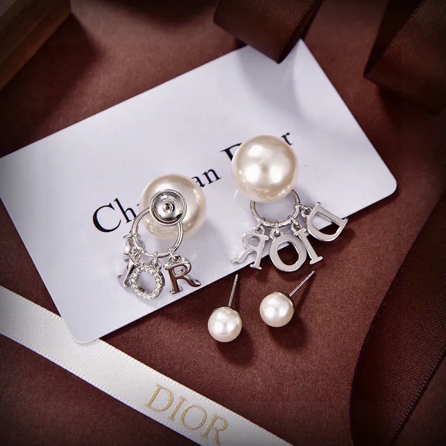 Dior Gold White Metal Double-Pearl Drop Earrings 2