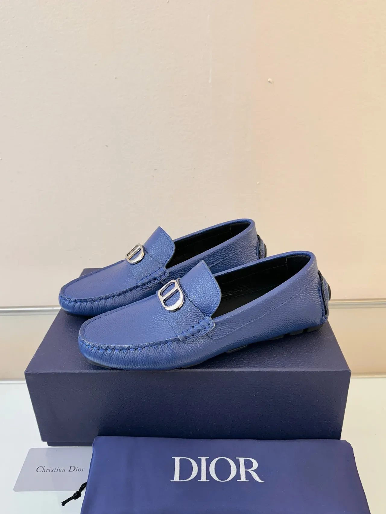 Dior Loafer Blue Gold Pebbled Leather D-Shaped Metal Buckle Loafer 2