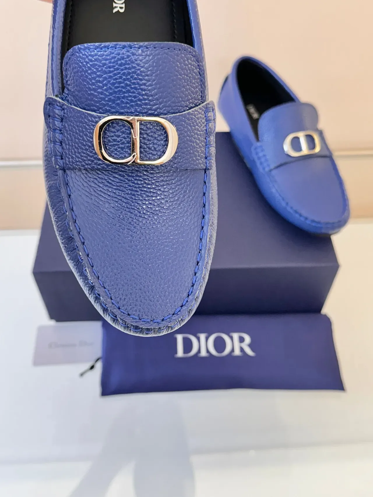 Dior Loafer Blue Gold Pebbled Leather D-Shaped Metal Buckle Loafer 3