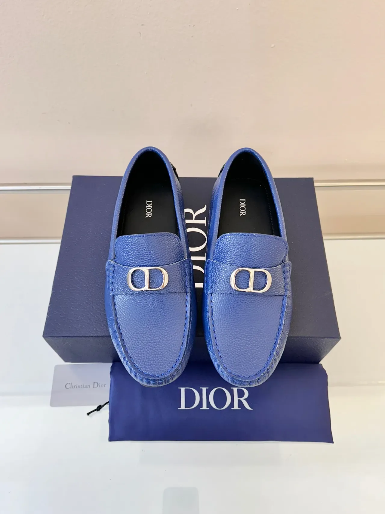 Dior Loafer Blue Gold Pebbled Leather D-Shaped Metal Buckle Loafer 6