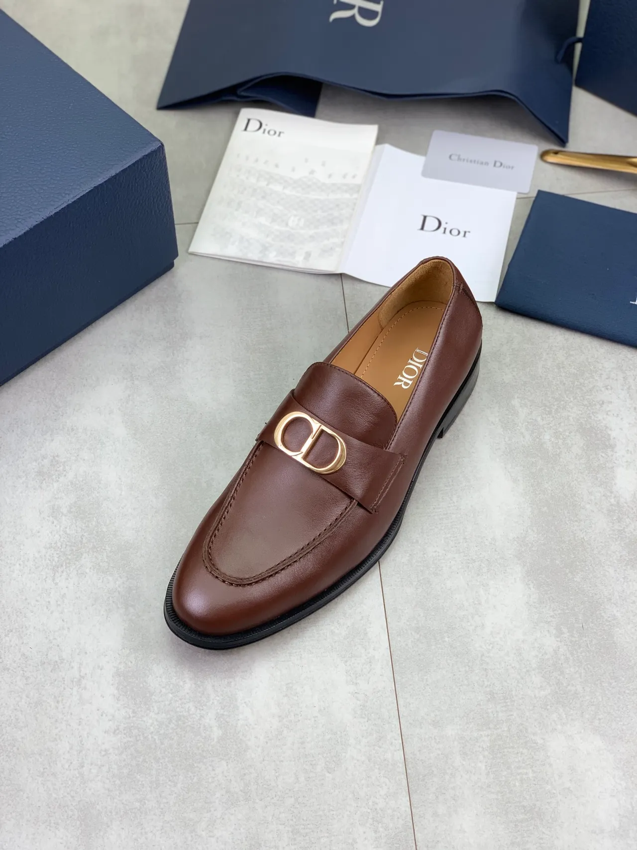 Dior Loafer Brown Gold Smooth Leather CD Buckle Loafer 4