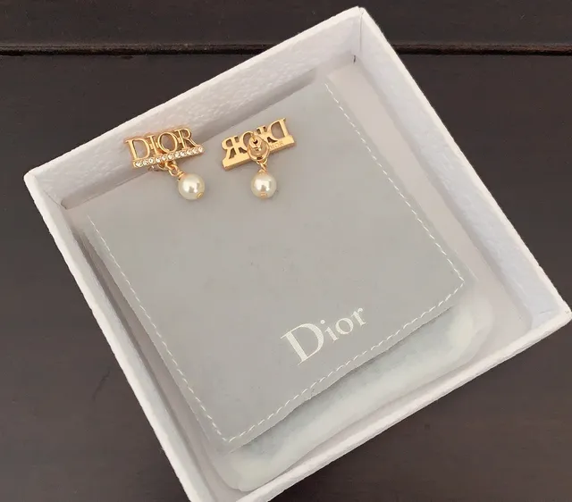 Dior Logo Gold White Pavé Crystal Detail Earrings 2