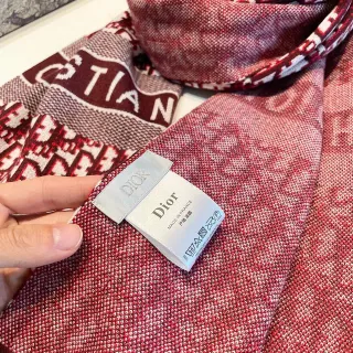 Dior Logo-Intarsia وشاح كشمير أحمر وأبيض محبوك