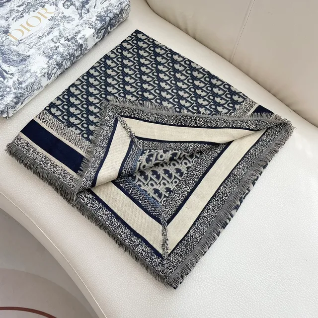 Dior Oblique Monogram Navy and Cream Silk Scarf 5