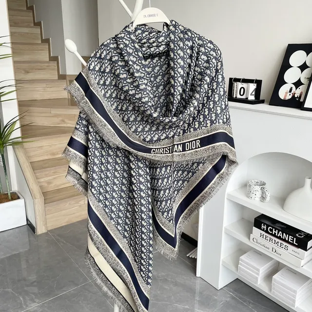 Dior Oblique Monogram Navy and Cream Silk Scarf 7