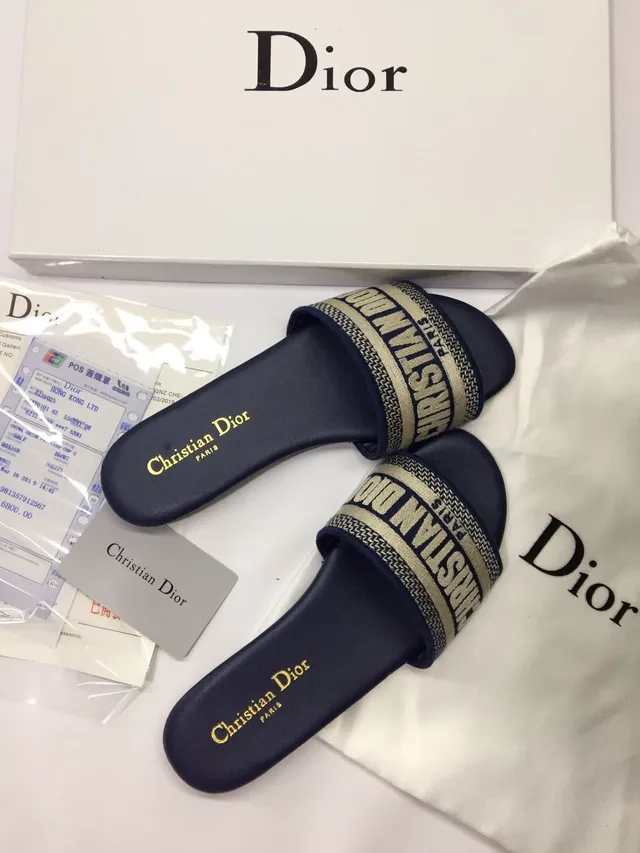 Dior Oblique Strap Slide Navy and Beige Slippers 3