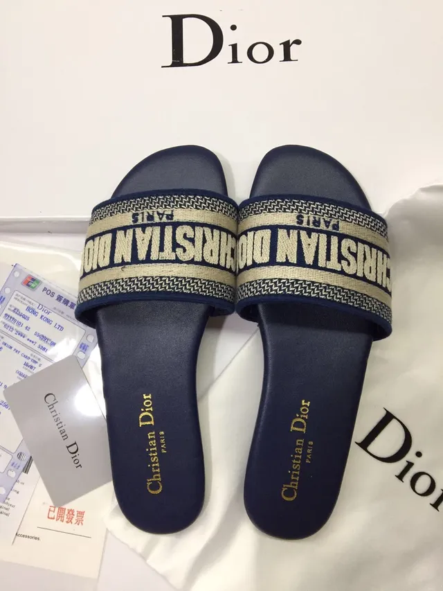 Dior Oblique Strap Slide Navy and Beige Slippers 4