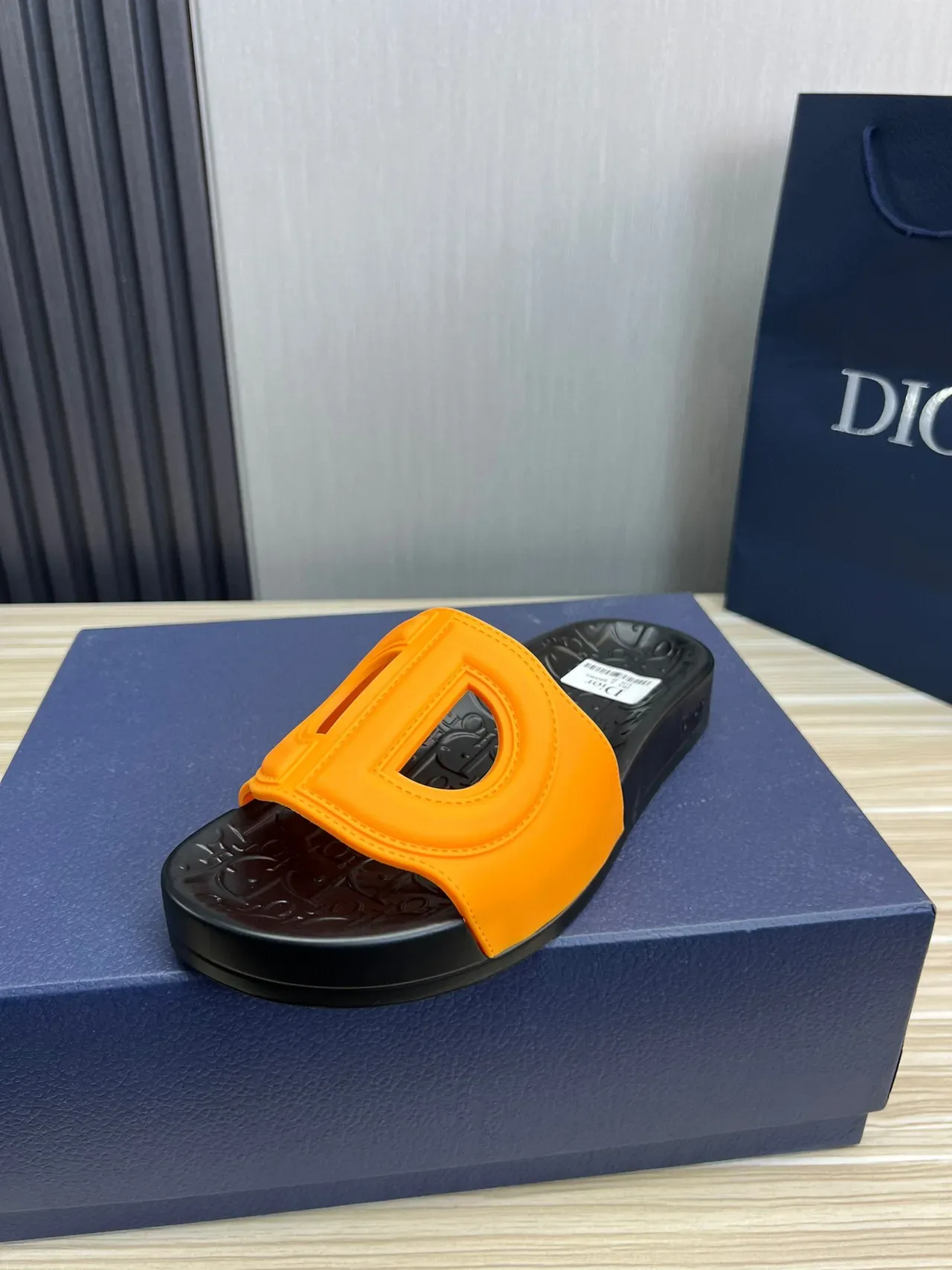 Dior Orange Black Molded Rubber Sole Oversized D-Logo Strap Slippers 1