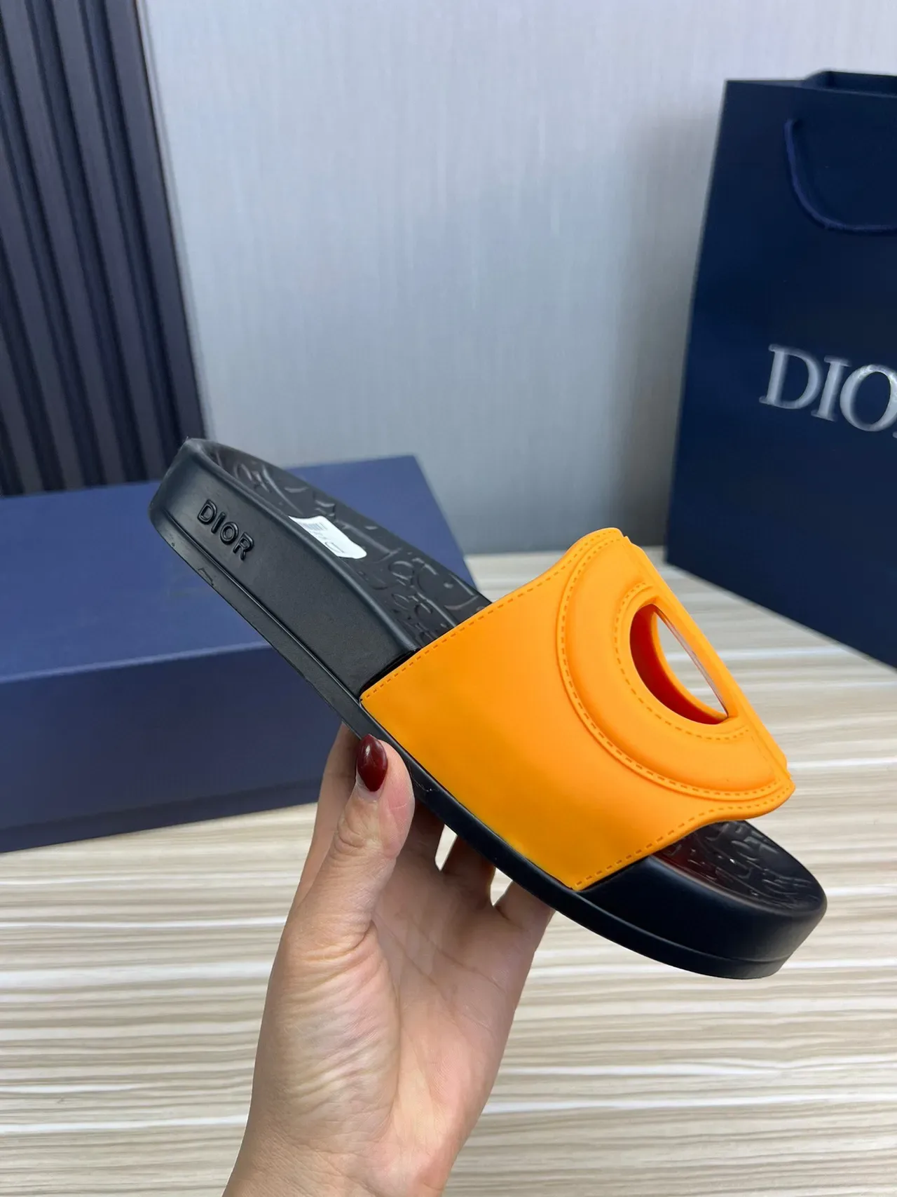 Dior Orange Black Molded Rubber Sole Oversized D-Logo Strap Slippers 4
