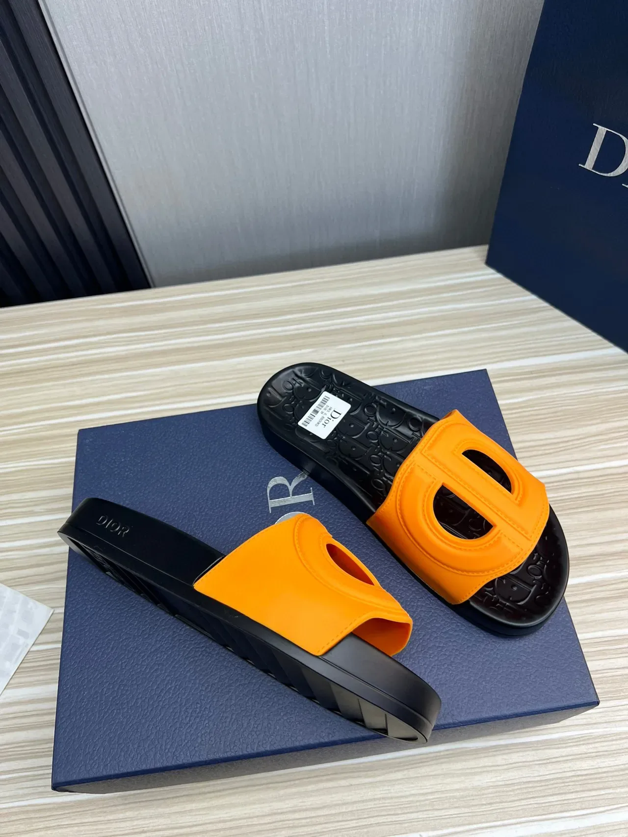 Dior Orange Black Molded Rubber Sole Oversized D-Logo Strap Slippers 5