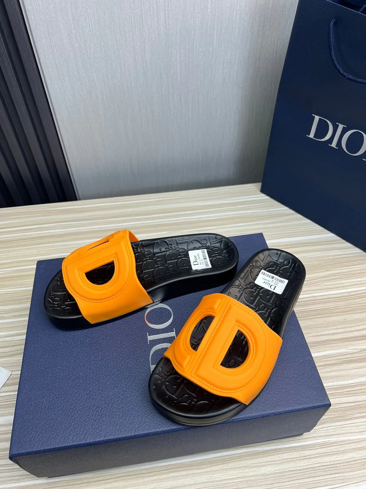 Dior Orange Black Molded Rubber Sole Oversized D-Logo Strap Slippers 8