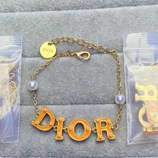 Dior Orange Gold Enamel-Letter Logo Pearl-Accented Bracelet