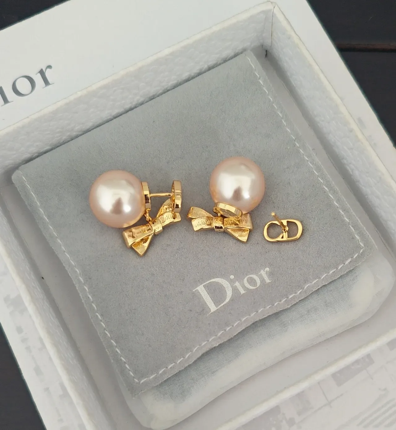 Dior Pearl and Gold Bow Stud Earrings 2