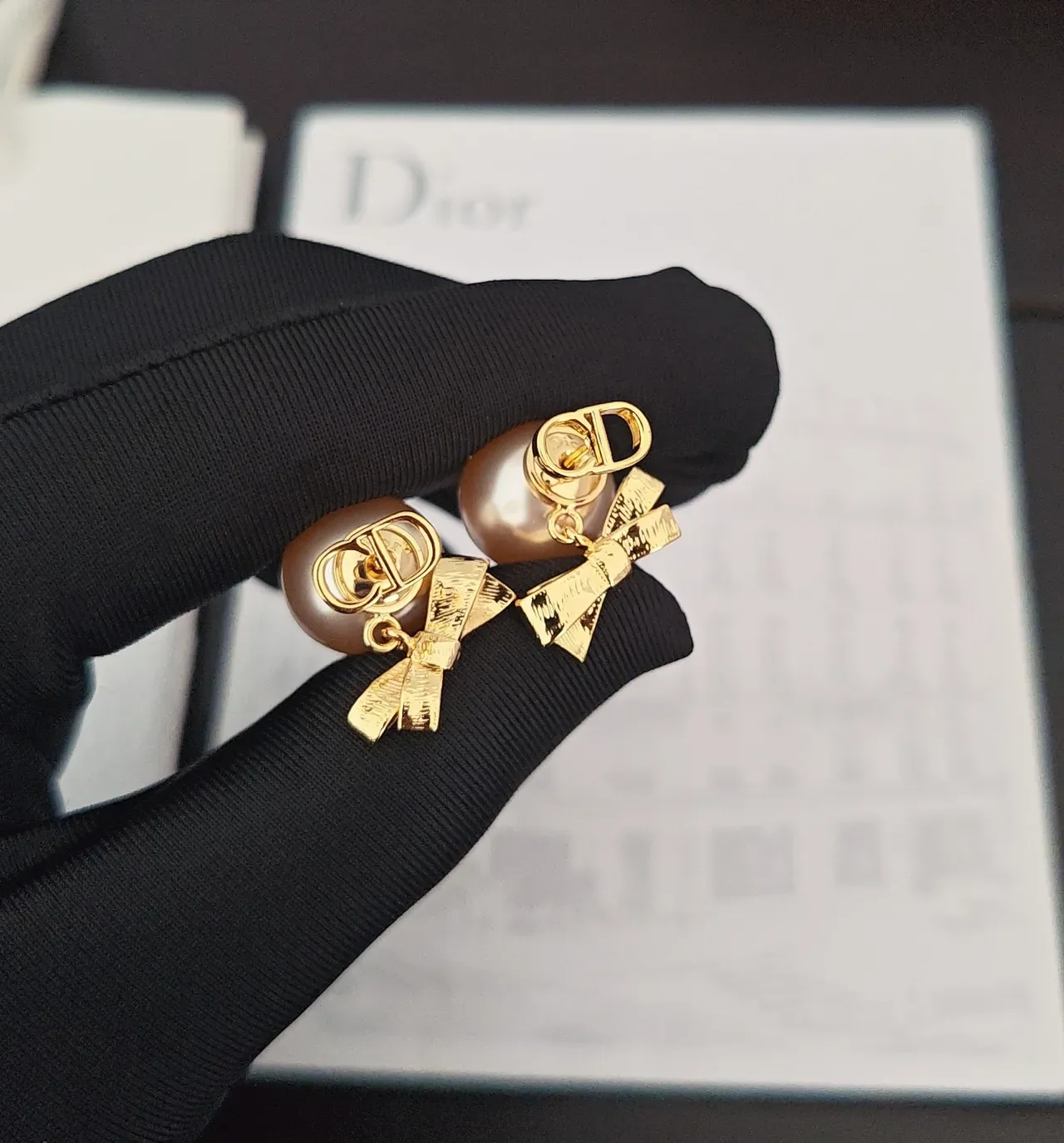 Dior Pearl and Gold Bow Stud Earrings 4