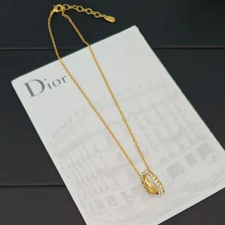 Dior Rose des Vents Collier Pendentif Double Anneau Chaîne En Corde Doré Bleu