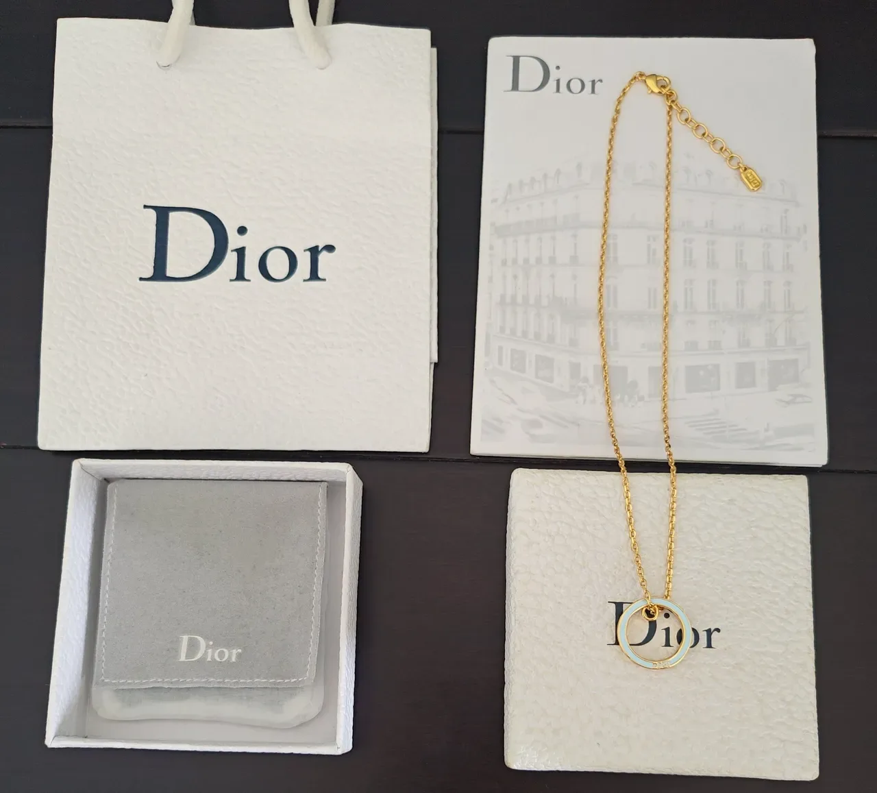 Dior Rose des Vents Collier Pendentif Double Anneau Chaîne En Corde Doré Bleu 2