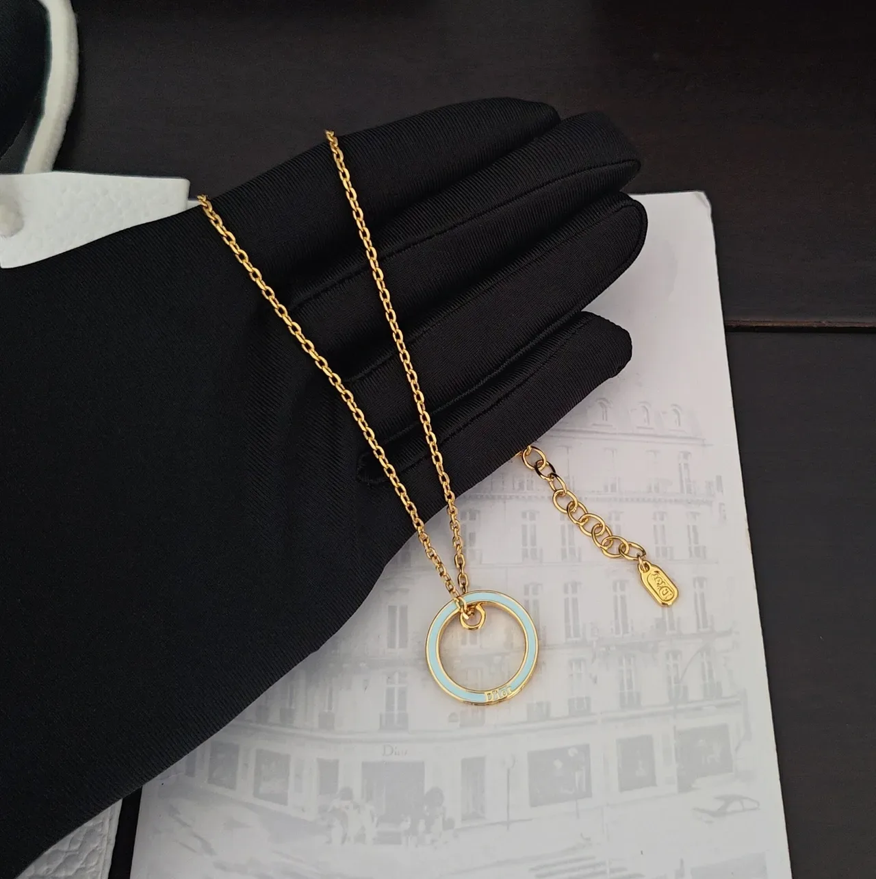 Dior Rose des Vents Collier Pendentif Double Anneau Chaîne En Corde Doré Bleu 3