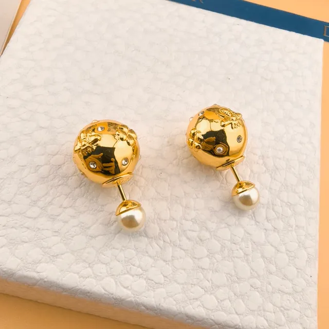 Dior Rose des Vents Gold White Spherical Front Floral Relief Engraving Earrings 4