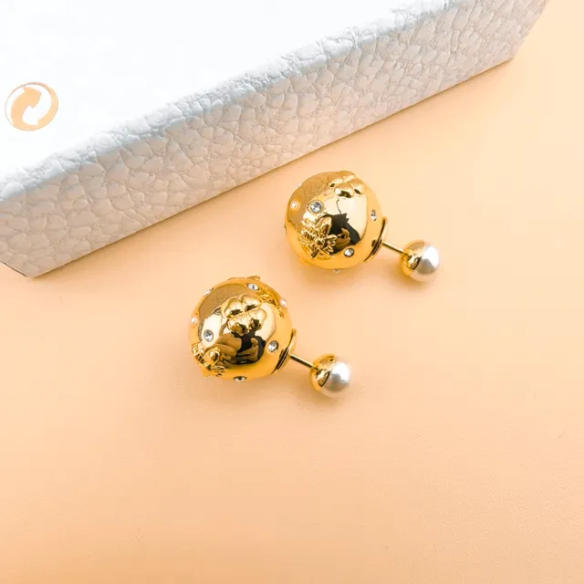 Dior Rose des Vents Gold White Spherical Front Floral Relief Engraving Earrings 6