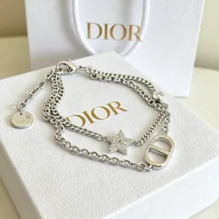 Dior Silver Transparent Double-Layer Curb Chain Pavé Crystal Star Charm Bracelet