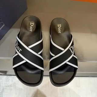Dior Slide Black and White Woven Strap Slippers