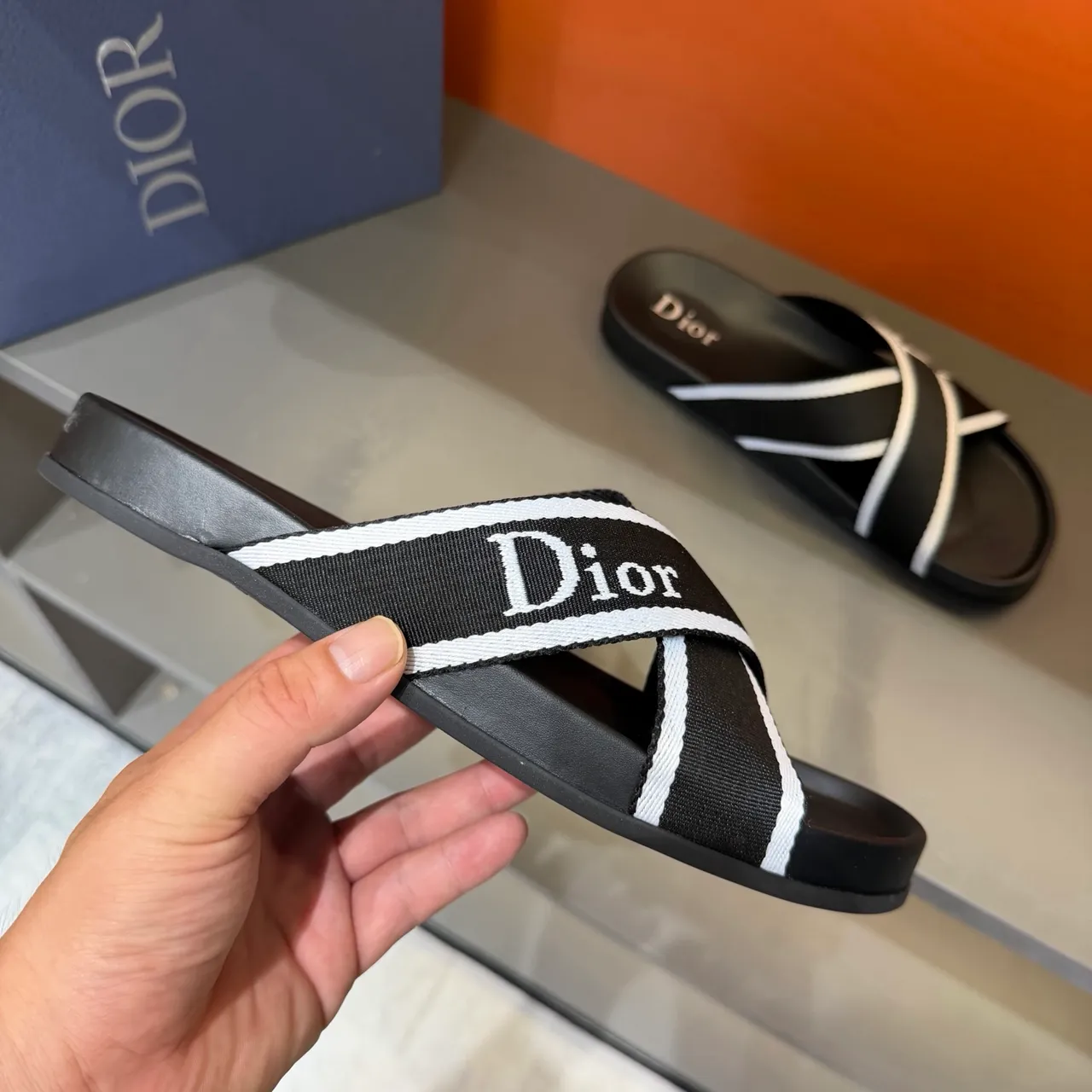 Dior Slide Black and White Woven Strap Slippers 3