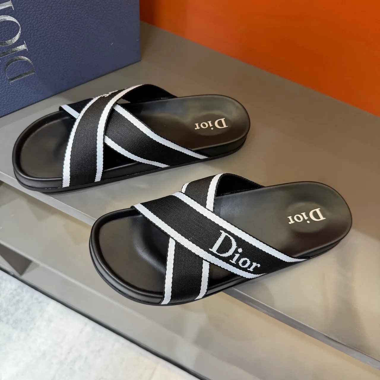Dior Slide Black and White Woven Strap Slippers 4
