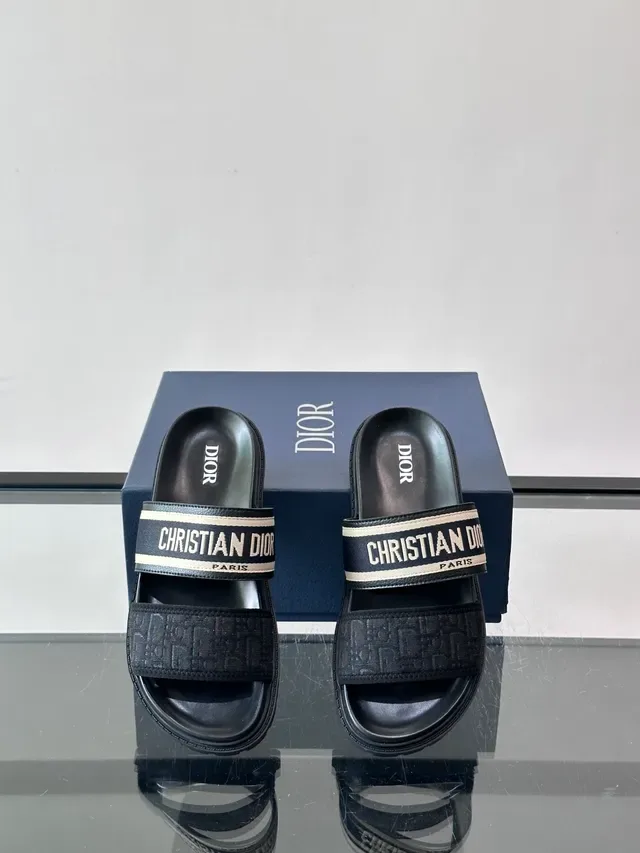 Dior Slide Black Navy Two-Strap Monogrammed Webbing Slippers 3