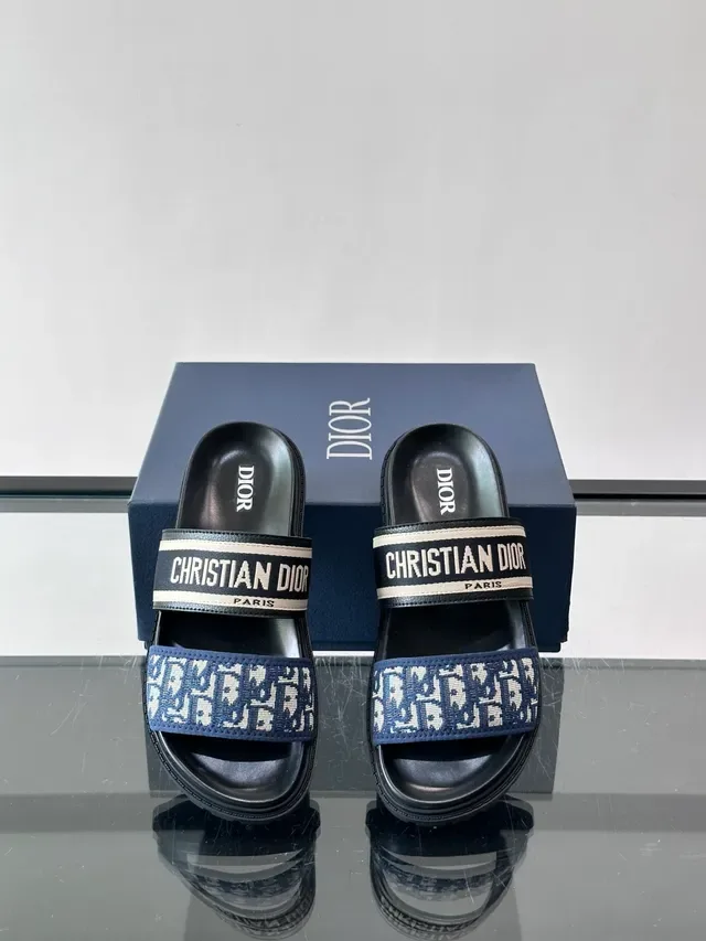 Dior Slide Black Navy Two-Strap Monogrammed Webbing Slippers 4